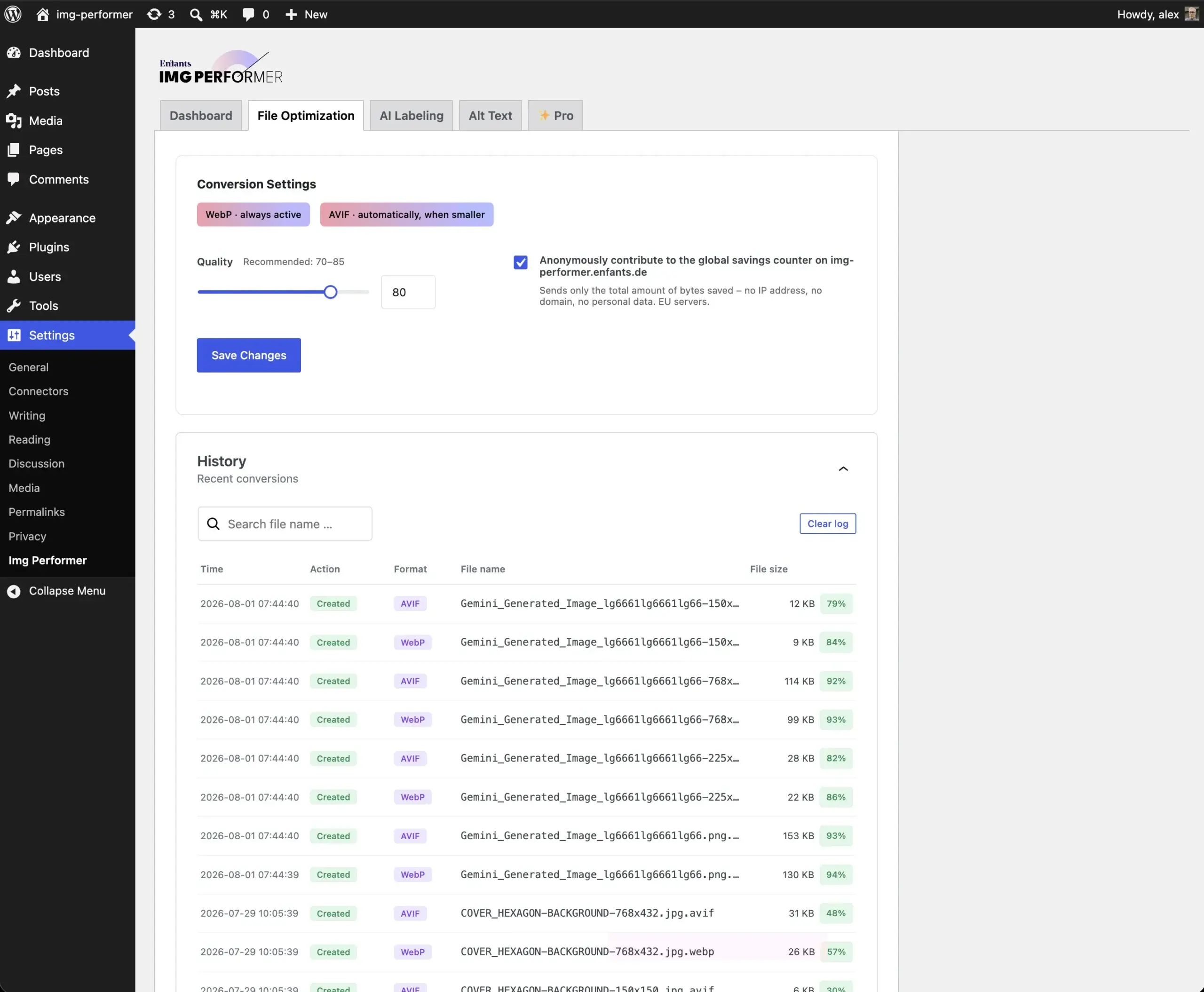 Einstellungsseite File Optimization von IMG Performer mit Qualitätsregler und Protokoll der letzten Konvertierungen