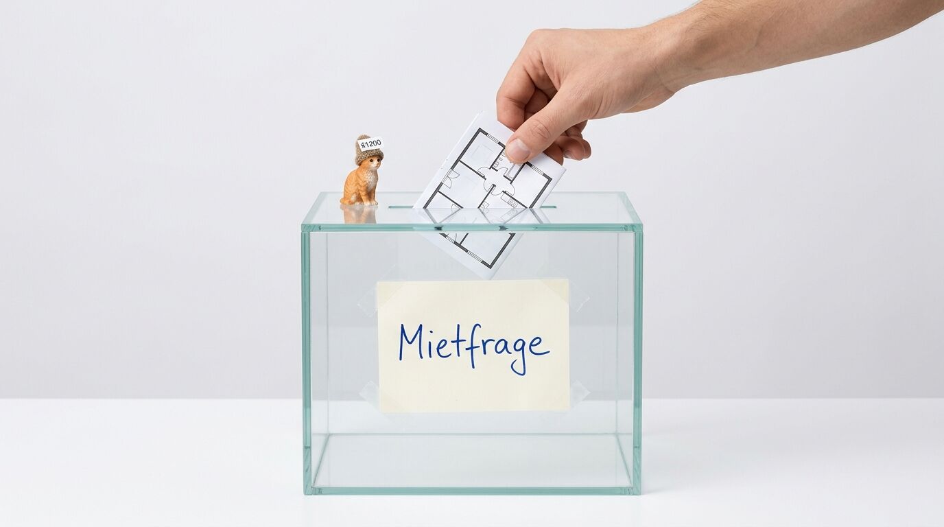 Hand wirft Grundriss in Glasbox mit Aufschrift „Mietfrage“ vor weißem Hintergrund