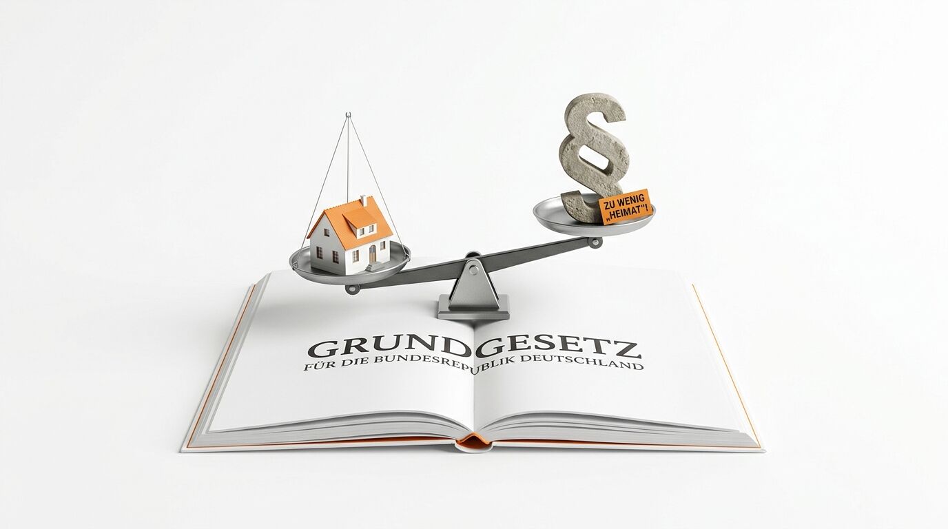 Waage auf Grundgesetz wiegt Haus gegen Paragraph mit Schild