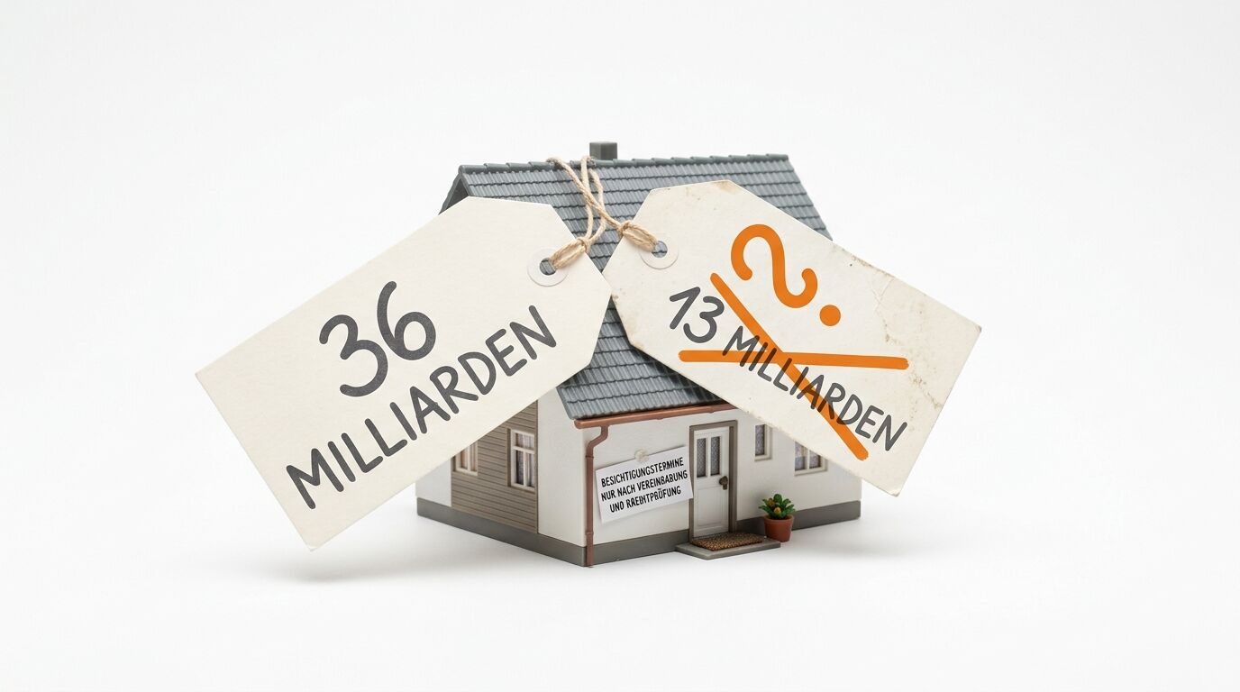 Modellhaus mit Preisschildern: „36 MILLIARDEN“ und durchgestrichen „13 MILLIARDEN“ mit „?“