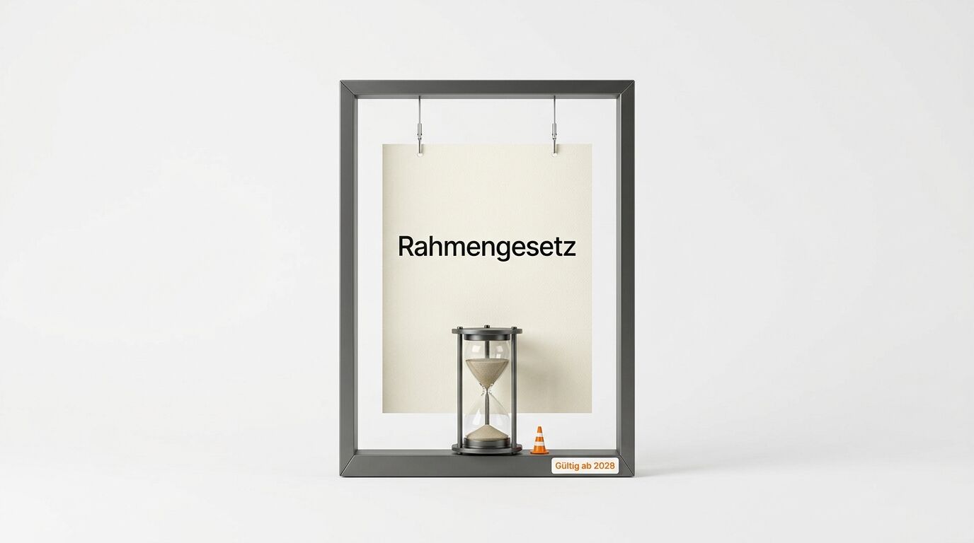 Grauer Metallrahmen mit hängendem Blatt „Rahmengesetz“, Sanduhr, Pylon und Aufschrift 2028