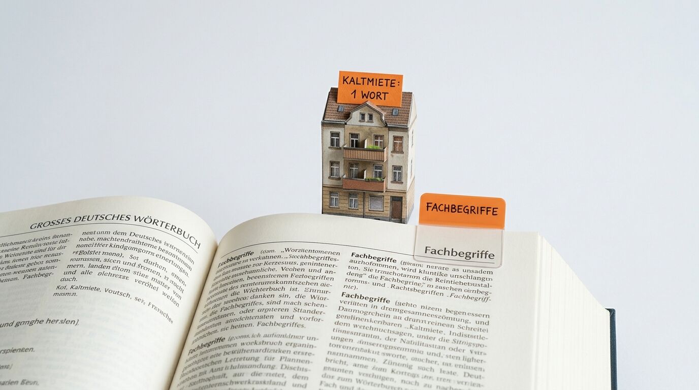 Offenes Wörterbuch mit Häusermodell, Textmarker mit „Fachbegriffe“ und „Kaltmiete: 1 Wort“ auf orangefarbenem Zettel