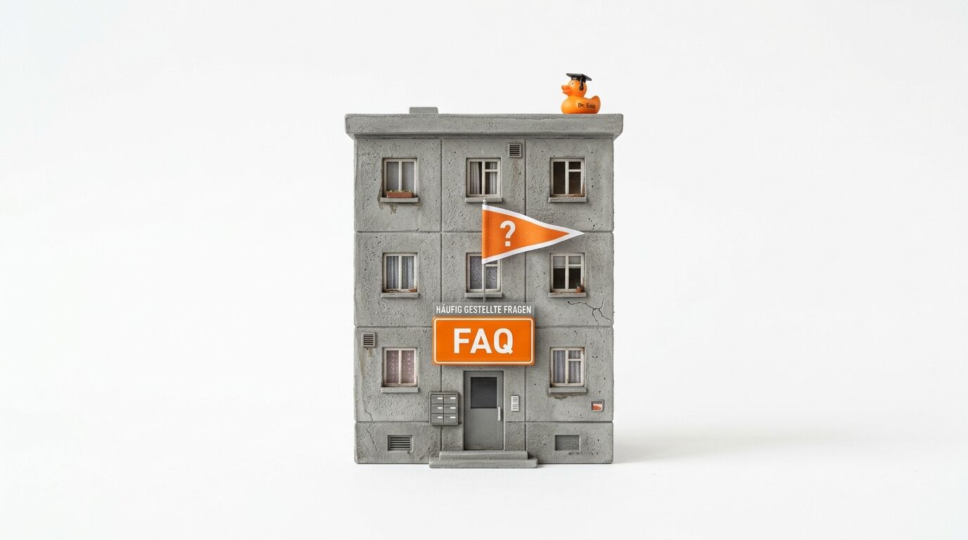 Modell eines Betongebäudes mit FAQ-Schild, Fragezeichenflagge und Badeente auf weißem Hintergrund
