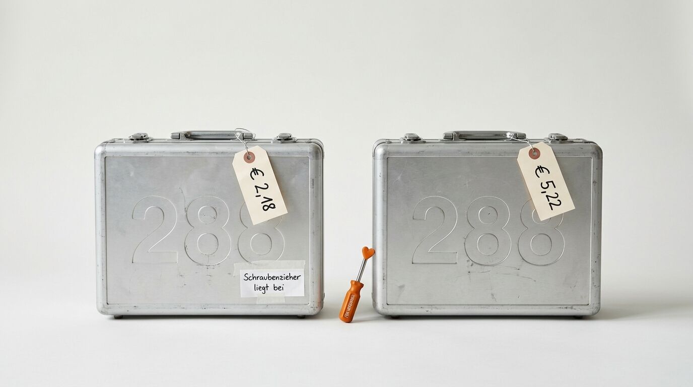 Zwei Metallkoffer mit der Nummer 288, Preisschildern (€ 2,18, € 5,22), Notiz und Schraubendreher