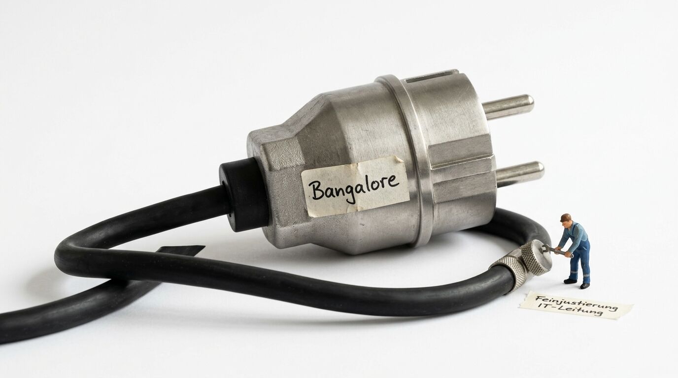 Stromstecker mit Aufschrift „Bangalore“ und Miniaturarbeiter an IT-Leitung, weißer Hintergrund