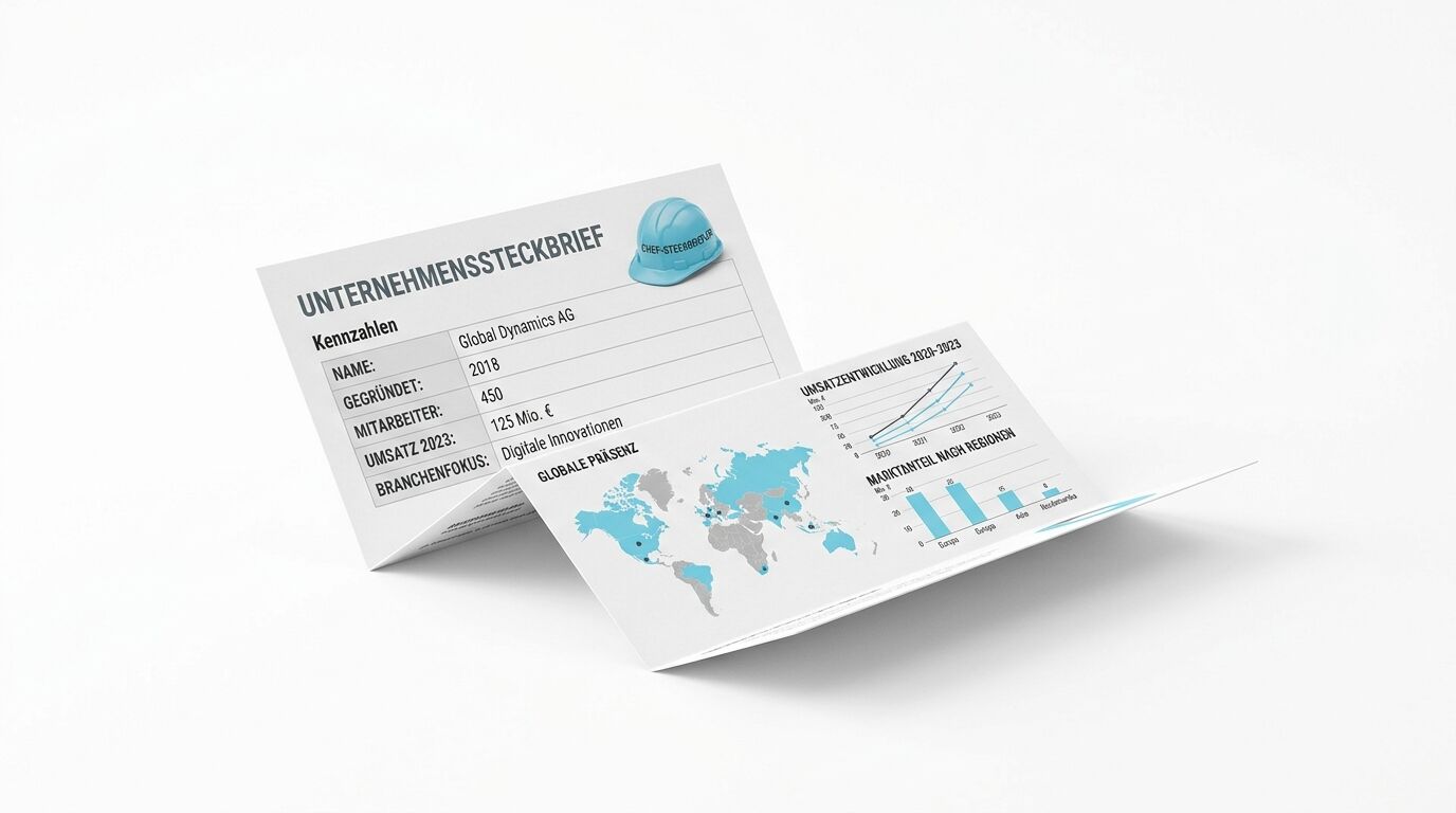 Aufgeklappter Firmensteckbrief-Flyer mit Bauhelm-Grafik, Weltkarte und Diagrammen
