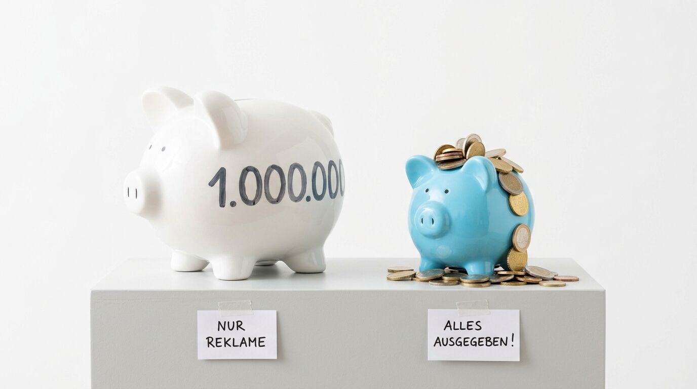 Zwei Sparschweine mit Schildern: