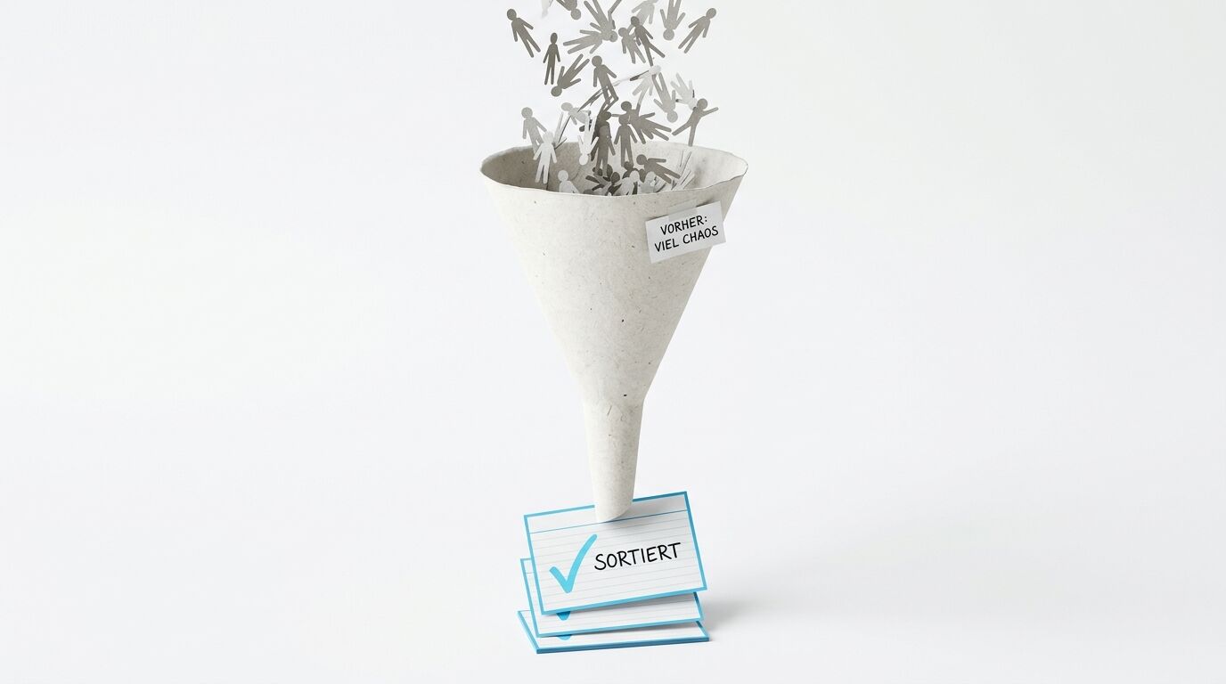 Ein grauer Trichter sammelt chaotisch fallende Papiermännchen und leitet sie zu einer Karte mit der Aufschrift „SORTIERT“