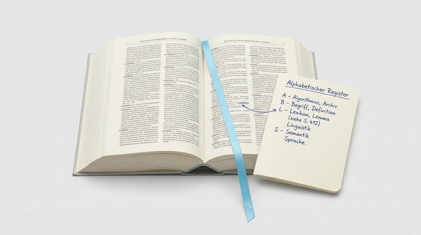 Aufgeschlagenes deutsches Wörterbuch und ein offenes Notizbuch nebeneinander