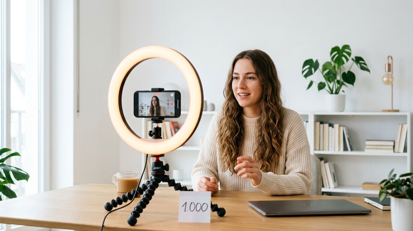 Frau an Schreibtisch mit Ringlicht und Smartphone für Livestream, Karte mit