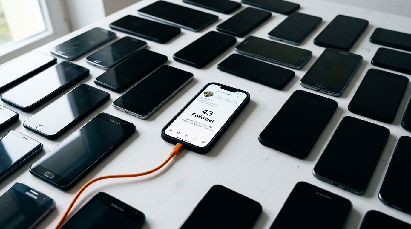 Zahlreiche ausgeschaltete Handys liegen um ein zentrales, ladendes Smartphone mit