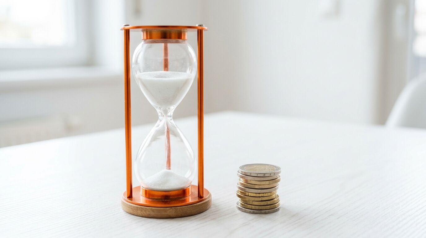 Kupferfarbene Sanduhr mit weißem Sand neben einem Stapel Euro-Münzen auf einem hellen Tisch