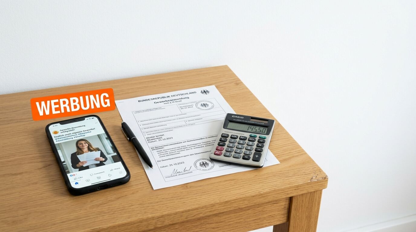 Gewerbeanmeldung, Taschenrechner, Stift und Handy mit Werbe-Tag auf Holztisch vor weißer Wand