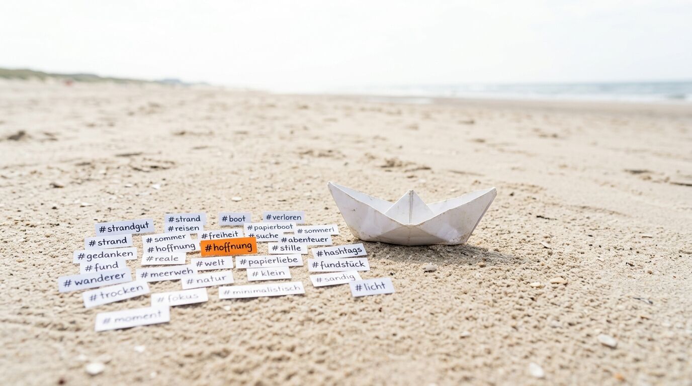 Ein Papierboot am Sandstrand mit verstreuten Hashtag-Kärtchen, ein orangefarbenes mit