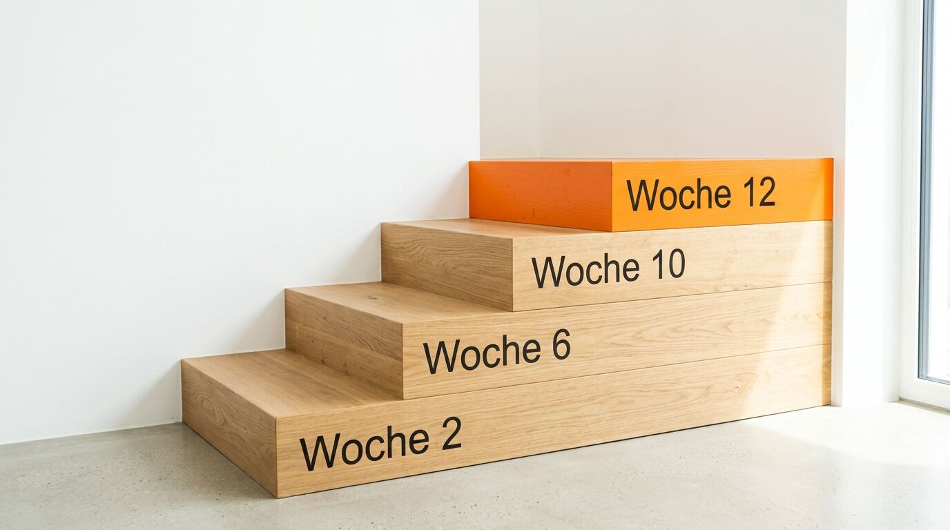 Holztreppe mit aufsteigenden „Woche“-Schriftzügen und oberster oranger Stufe