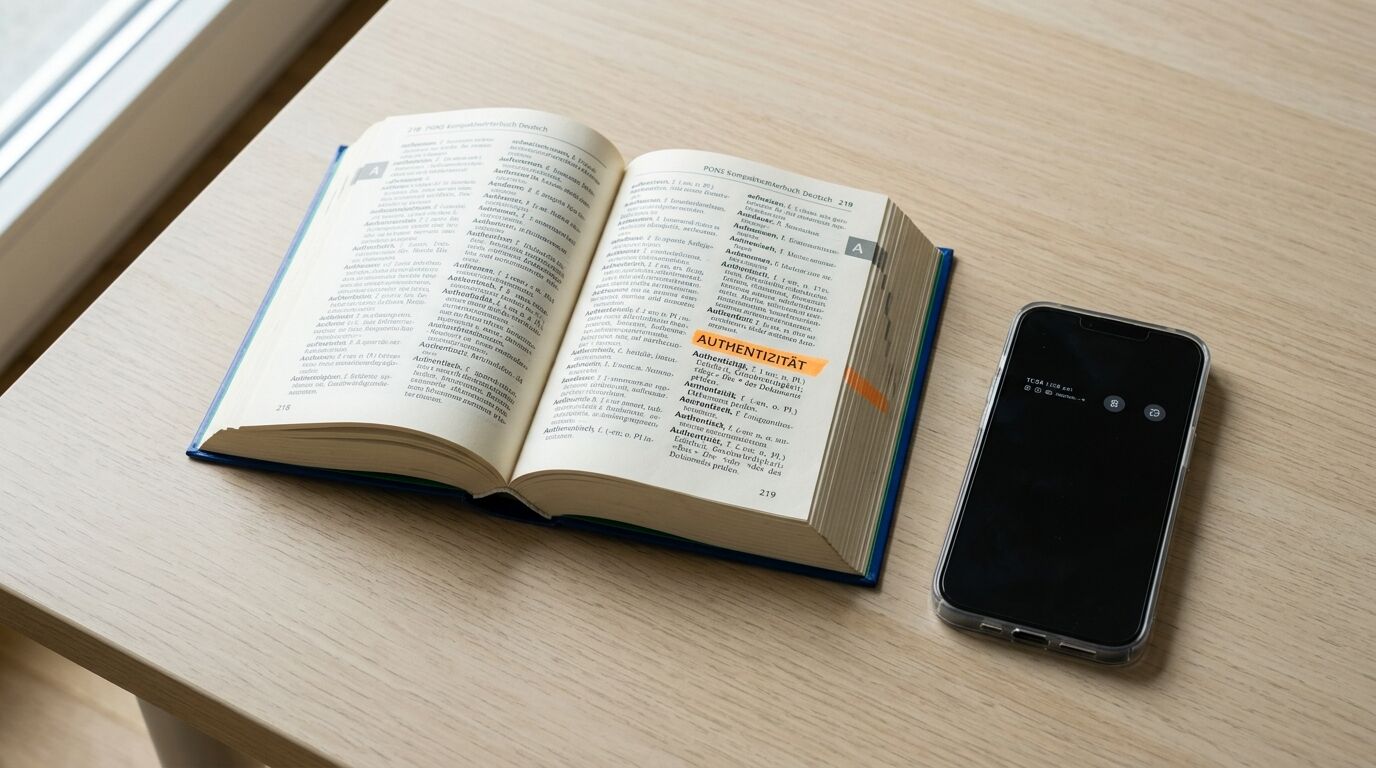 Aufgeschlagenes Wörterbuch mit hervorgehobenem Wort „Authentizität“ neben Smartphone auf Tisch