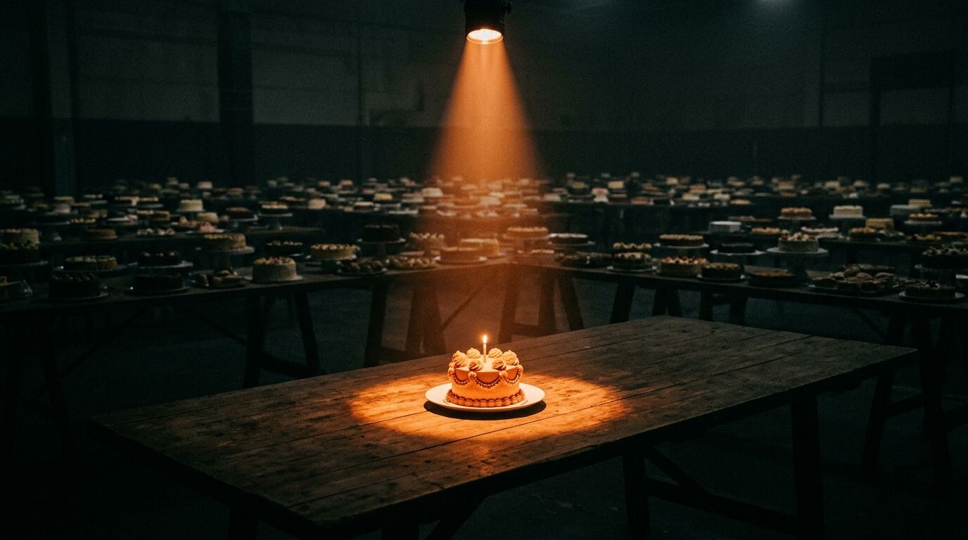 Eine Torte unter Spotlight im Vordergrund, dahinter viele weitere Torten im Halbdunkel