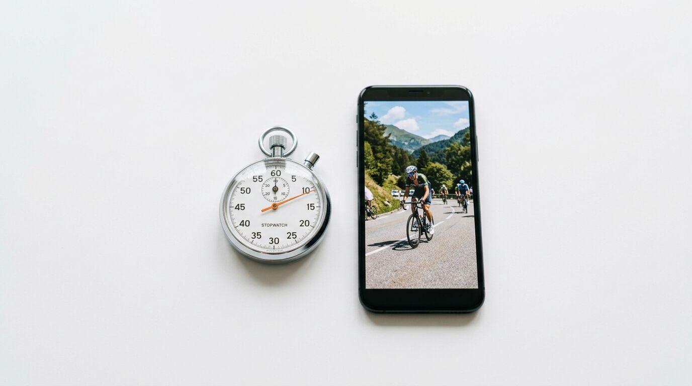 Analoge Stoppuhr und Smartphone mit Radfahrszene auf weißem Grund