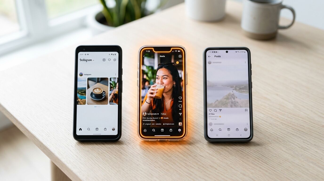 Drei Smartphones mit Instagram nebeneinander auf einem Holztisch, das mittlere leuchtet orange