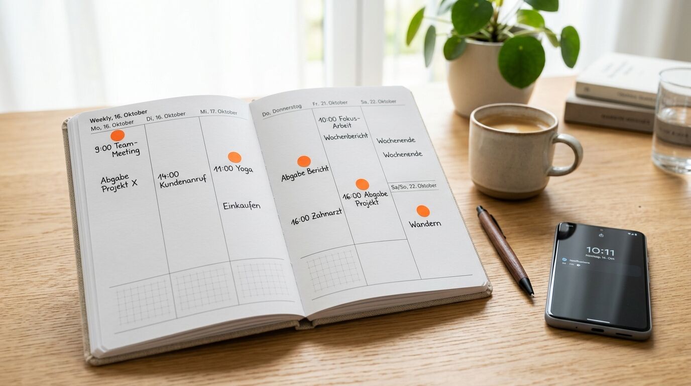 Ein geöffneter Kalender mit Terminen, ein Smartphone, ein Stift und ein Kaffee auf einem Holztisch