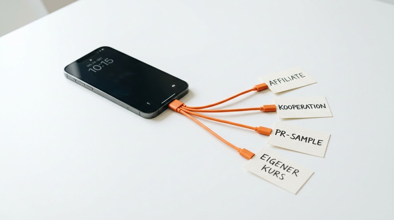 Ein Smartphone, verbunden mit vier beschrifteten Kabelenden