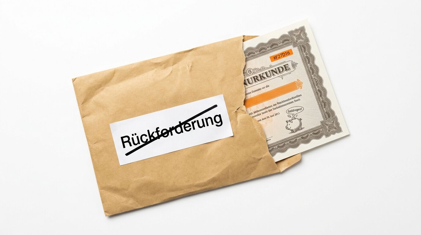 Geöffneter Umschlag mit durchgestrichener „Rückforderung“-Notiz und Urkunde darin