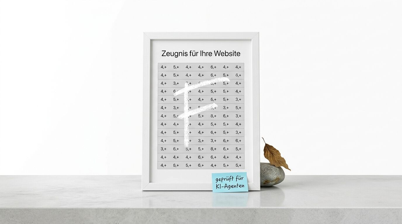 Bilderrahmen zeigt ein Website-Zeugnis, ein großes „F“ durchgestrichen, auf Marmor