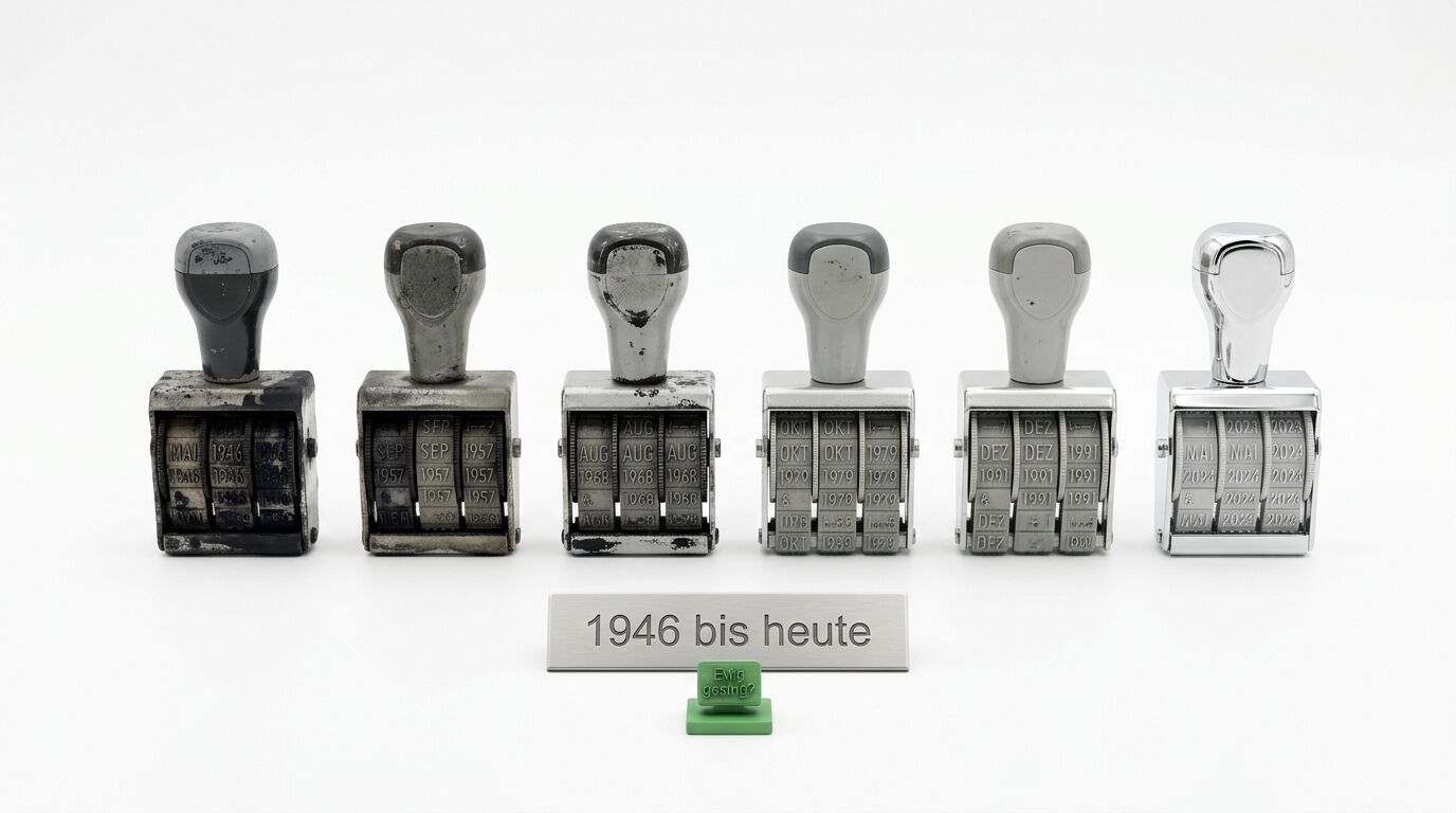Sechs Datumsstempel von alt bis neu in einer Reihe vor weißem Hintergrund