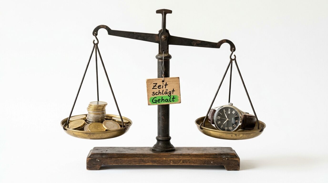 Eine Waage mit Münzen und Uhr sowie dem Schild