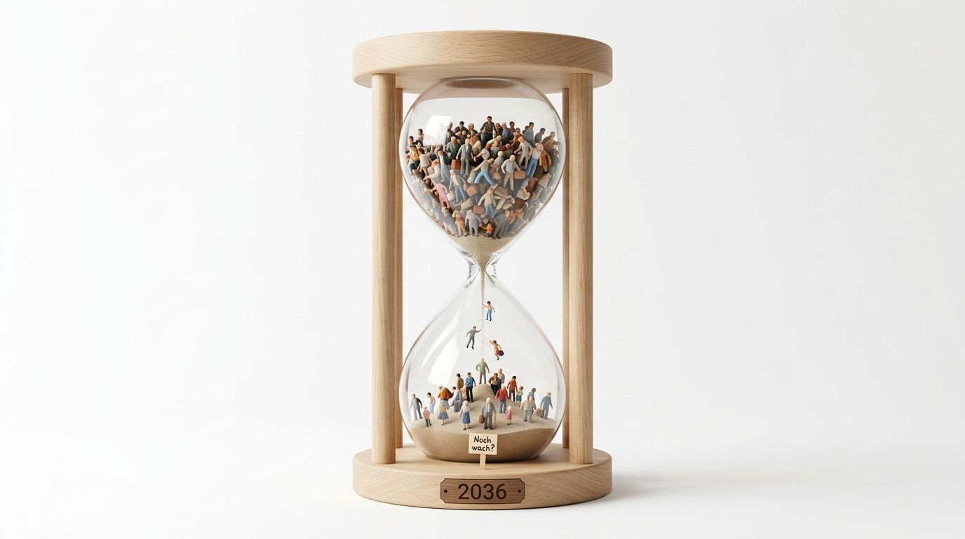 Holzsanduhr mit Menschenfiguren statt Sand, Schildern mit Text und Jahr 2036