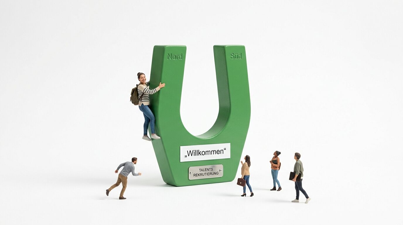 Ein grüner Hufeisenmagnet zieht kleine menschliche Figuren an