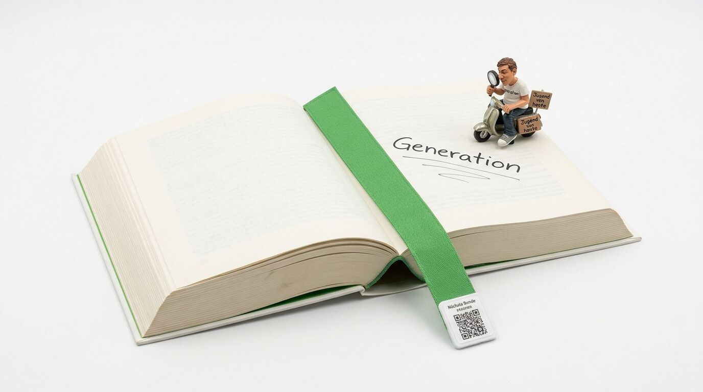 Ein offenes Buch mit grünem Lesezeichen, einem QR-Code und einer Miniaturfigur auf einem Motorrad