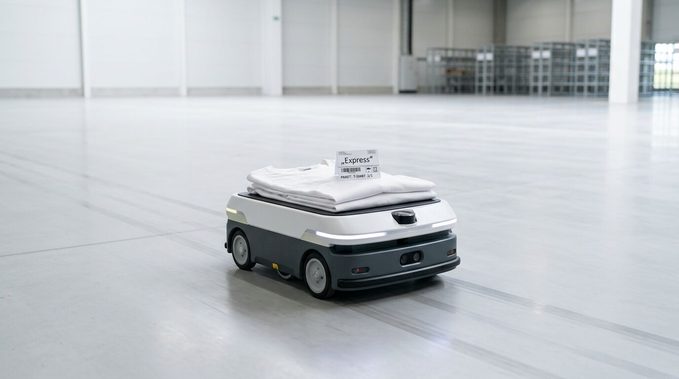 Autonomer Lagerroboter mit Kleidung und Etikett in einer Lagerhalle
