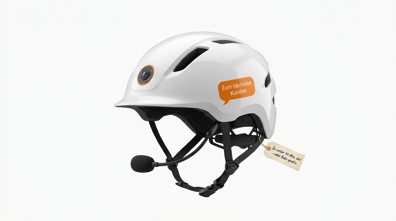 Weißer Helm mit Frontkamera, Mikrofon und zwei Werbestickern vor weißem Hintergrund