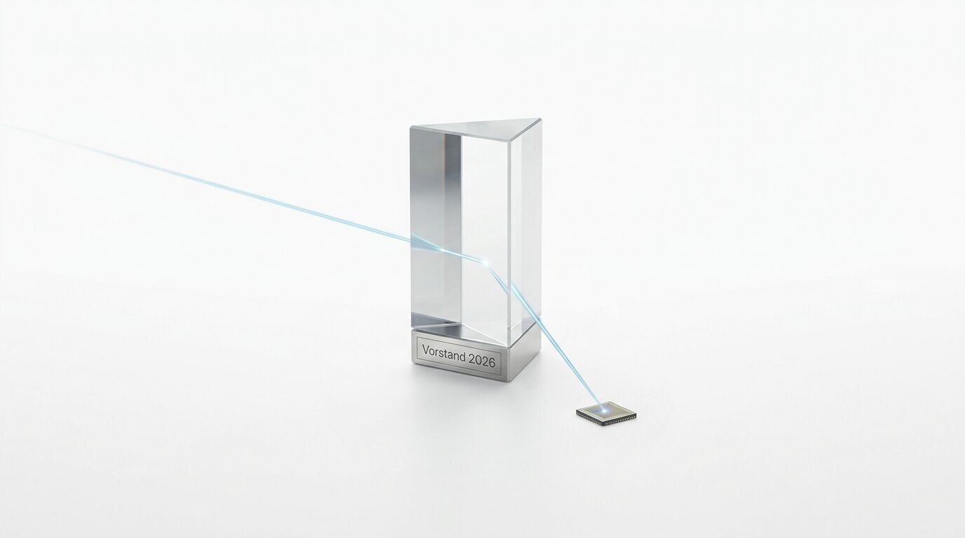 Glasprisma auf Sockel mit Gravur „Vorstand 2026“, gebrochener Lichtstrahl auf Chip