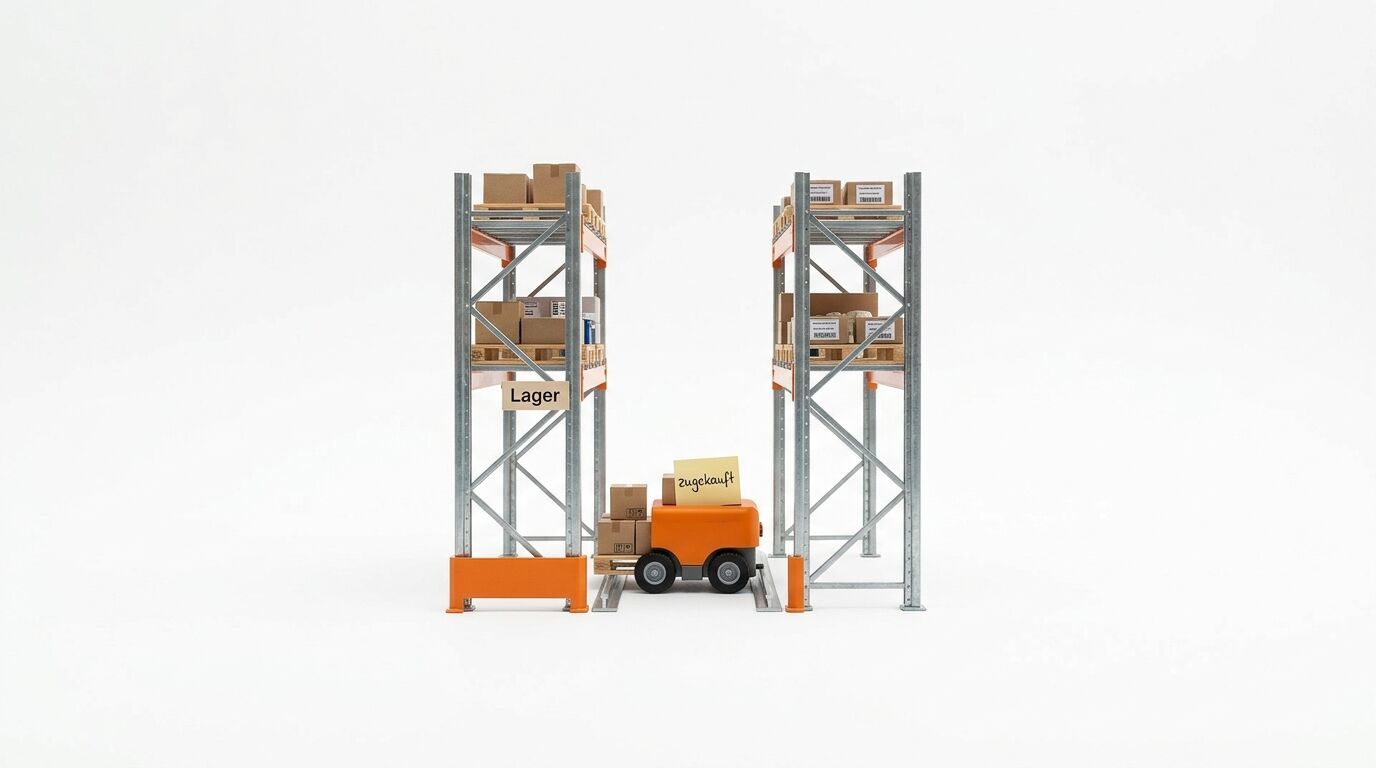 Modell einer Lagerhaltung mit Regalen, Paketen und orangefarbenem Transportfahrzeug
