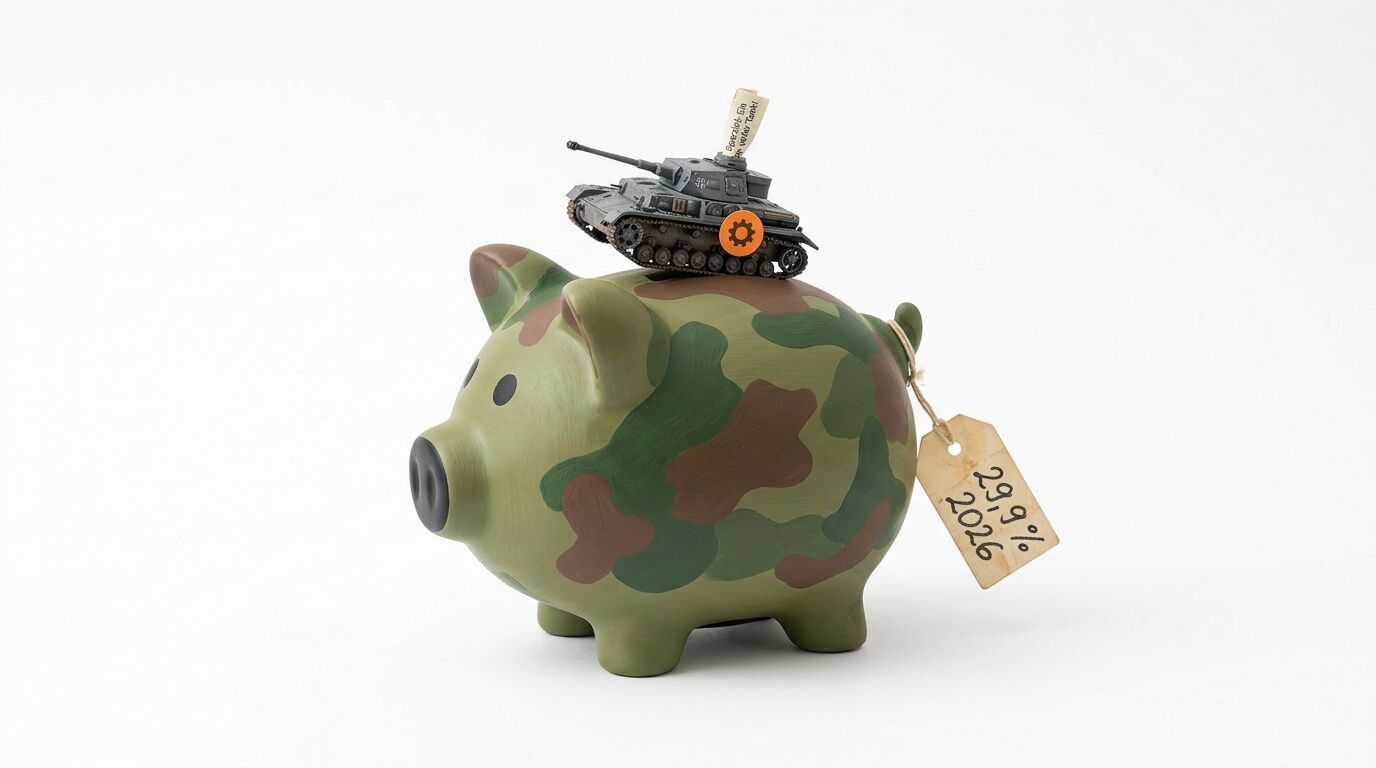 Camo-Sparschwein mit Spielzeug-Panzer und Preisschild (29,9%, 2026)