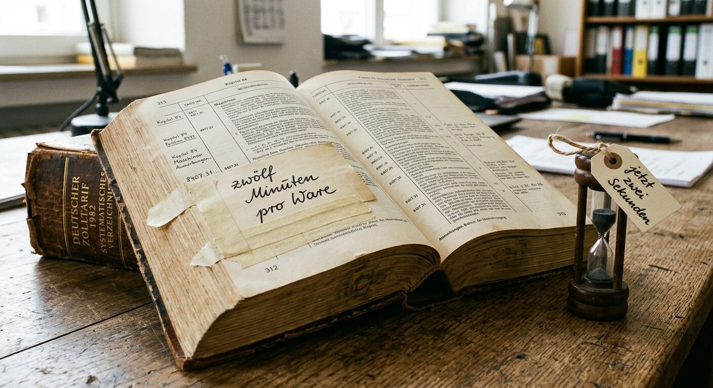 Offenes deutsches Zolltarif-Buch, Sanduhr und handgeschriebene Notizen auf Holzschreibtisch