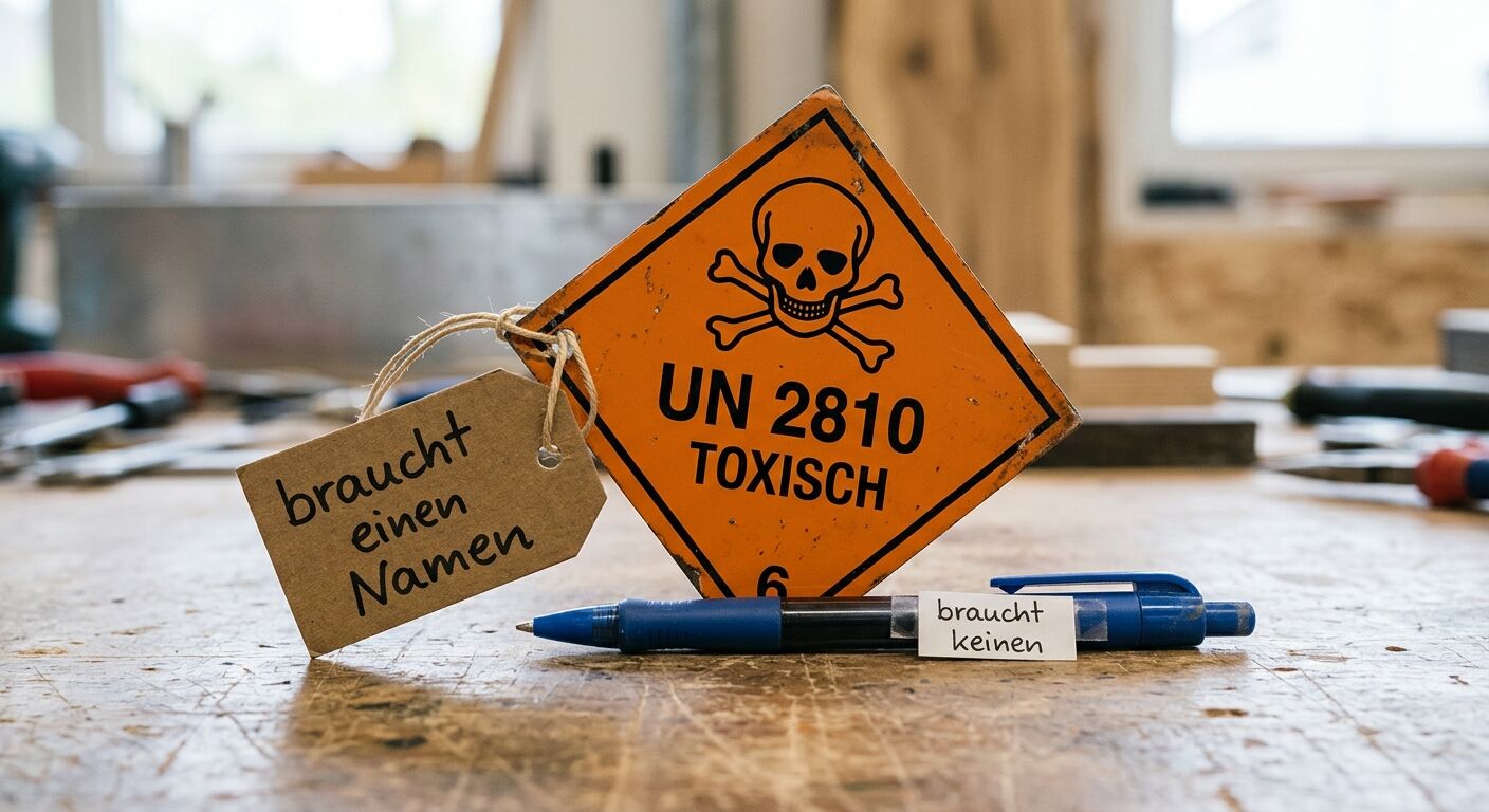 Ein Gefahrenschild mit Anhänger und Kugelschreiber liegen auf einer hölzernen Werkbank