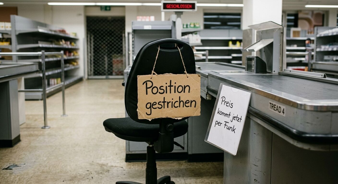 Geschlossene Supermarktkasse, Bürostuhl mit Pappschild „Position gestrichen“, leere Regale