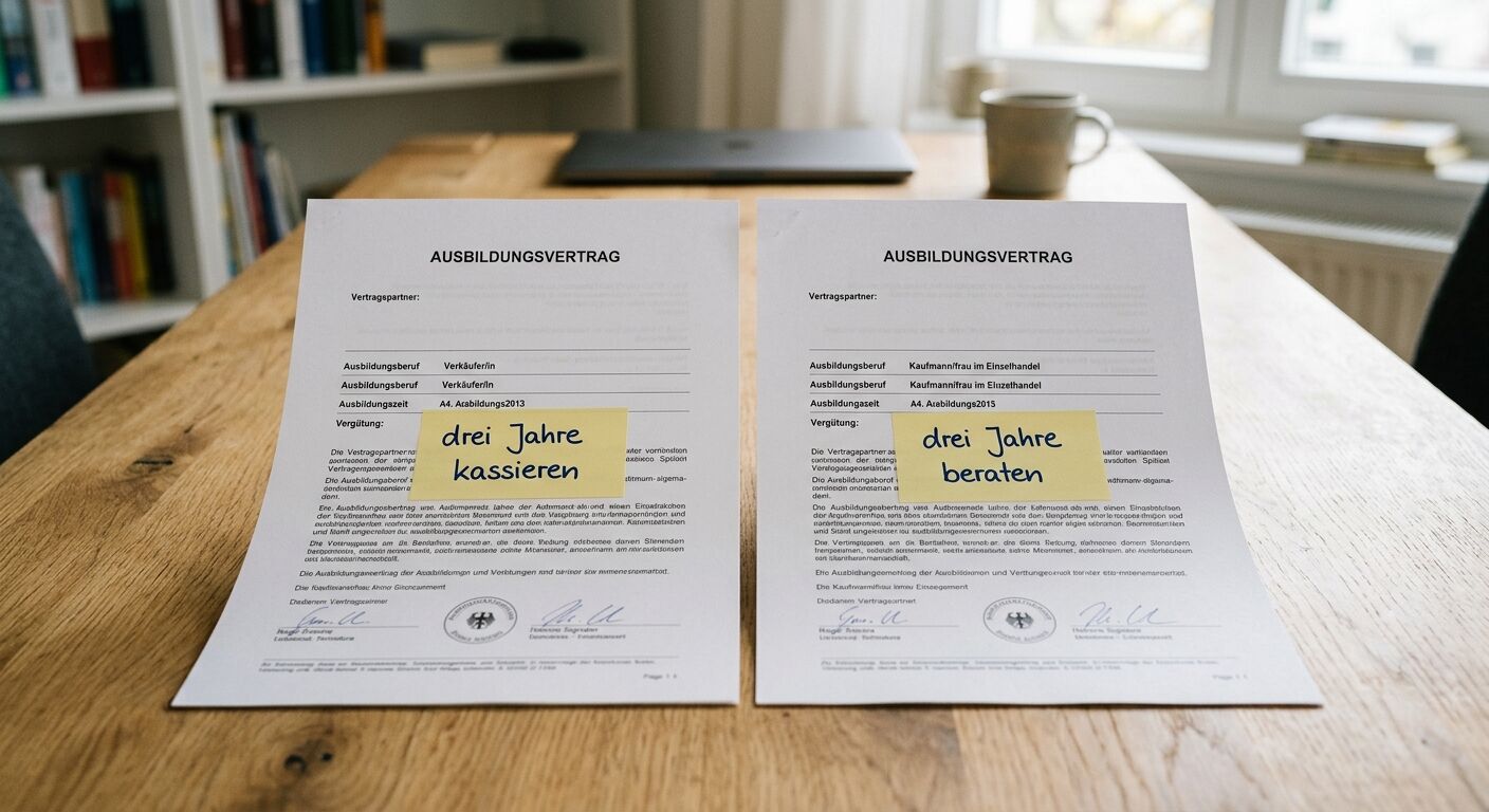 Zwei Ausbildungsverträge mit gelben Post-its „kassieren“ und „beraten“ auf Holztisch