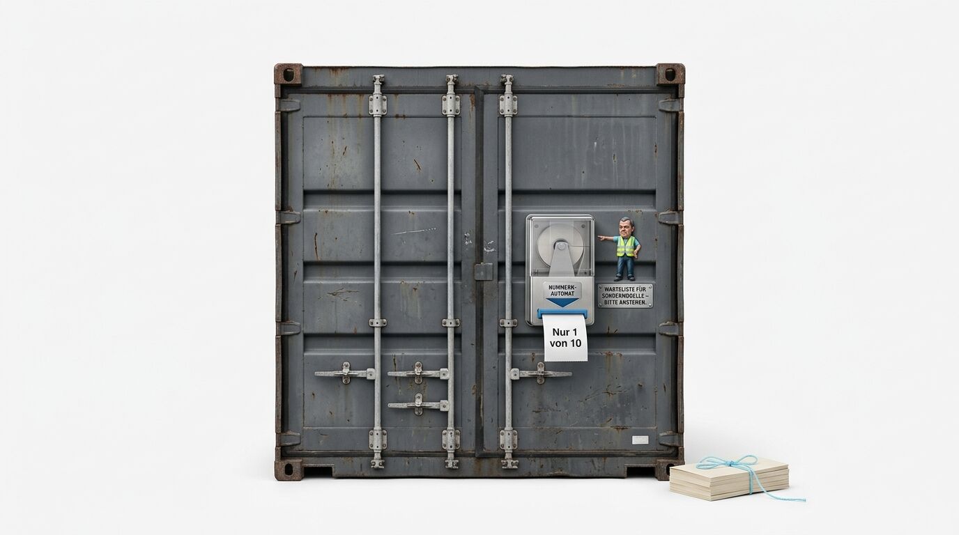 Grauer Container mit Nummerautomaten, Karikatur-Figur und Zetteln davor auf weißem Hintergrund