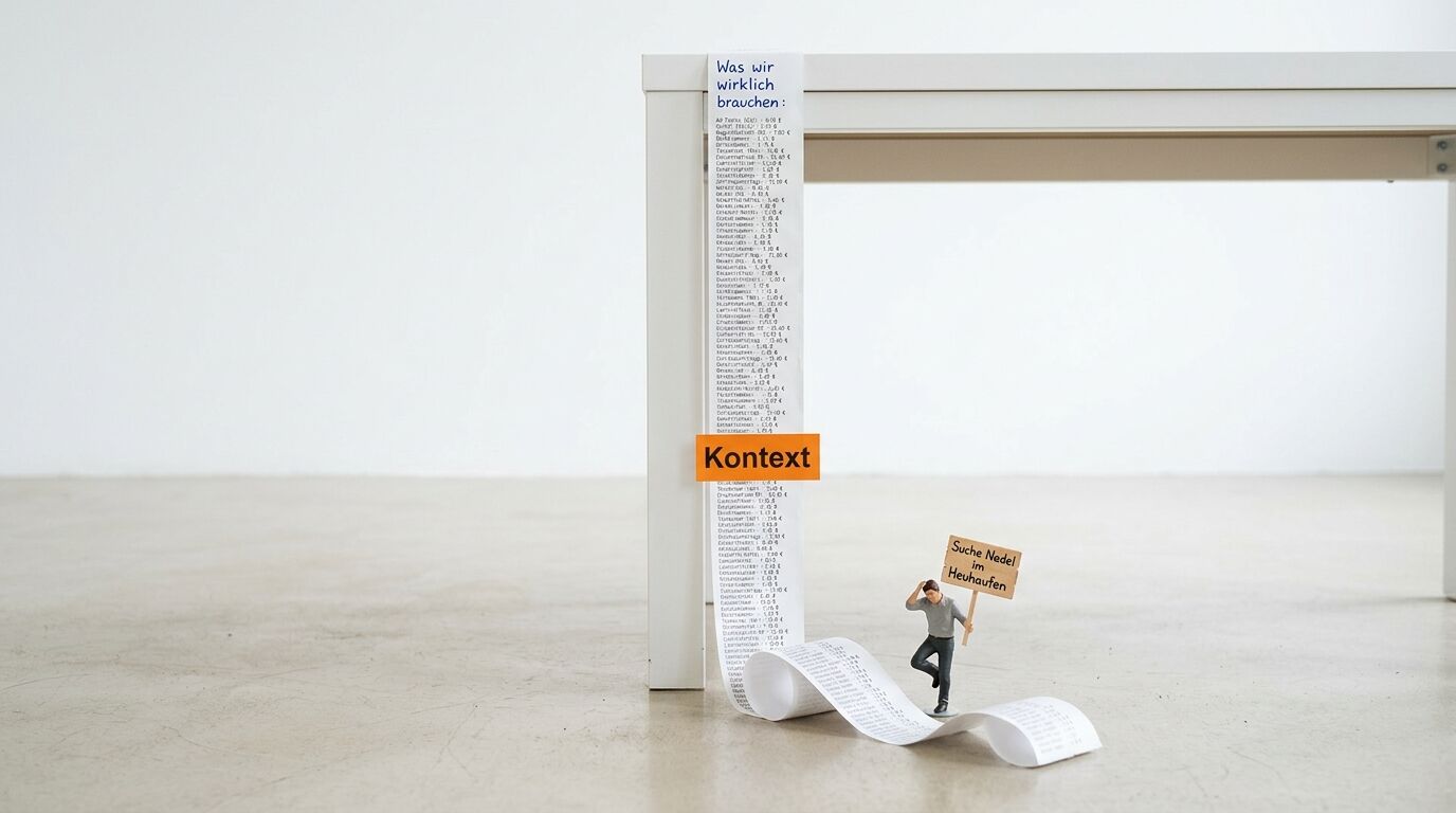 Lange Einkaufsliste am Tischbein, daneben Miniaturfigur mit Schild