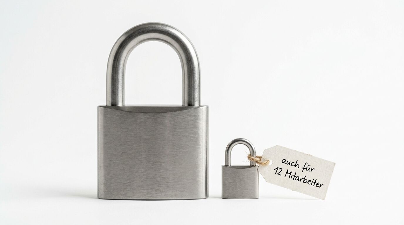 Ein großes und ein kleines Vorhängeschloss mit Etikett und Text „auch für 12 Mitarbeiter“