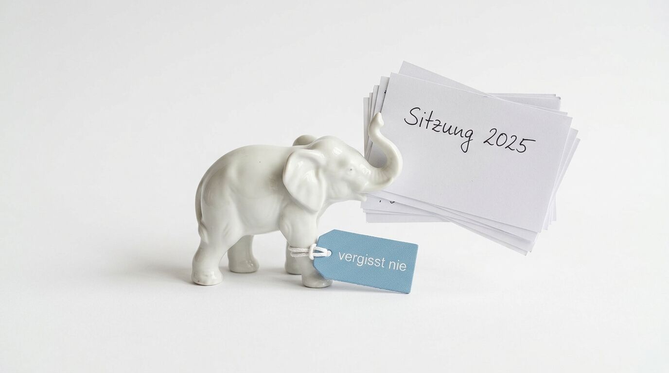 Porzellan-Elefant mit Kärtchenstapel „Sitzung 2025“ und Anhänger „vergisst nie“ vor weiß
