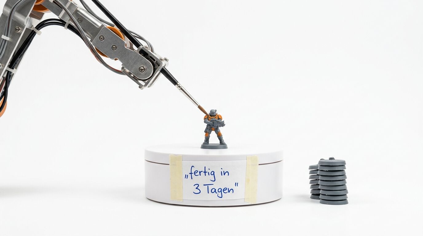Ein Roboterarm bemalt eine Miniaturfigur mit einem Pinsel vor weißem Hintergrund