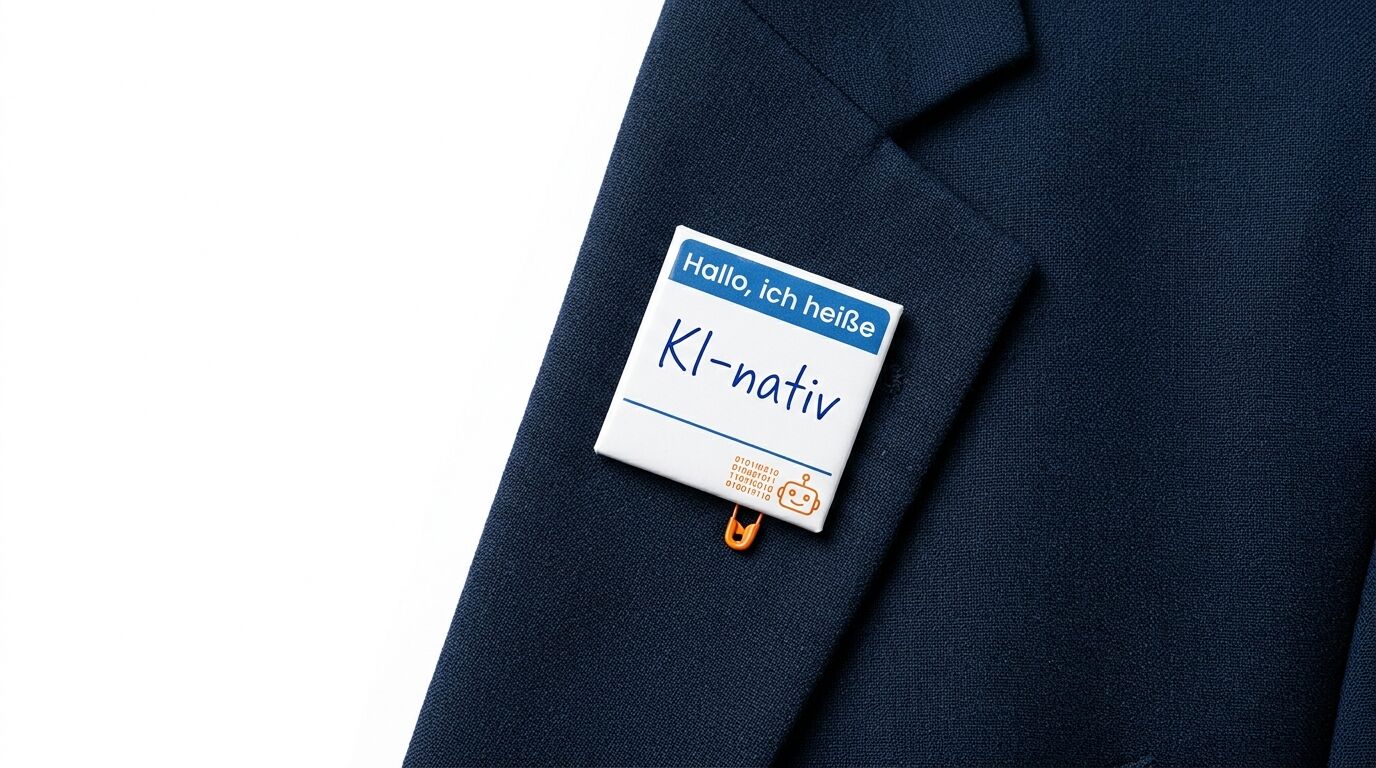 Ein dunkelblaues Jackenrevers mit einem Namensschild, auf dem „Hallo, ich heiße KI-nativ“ steht