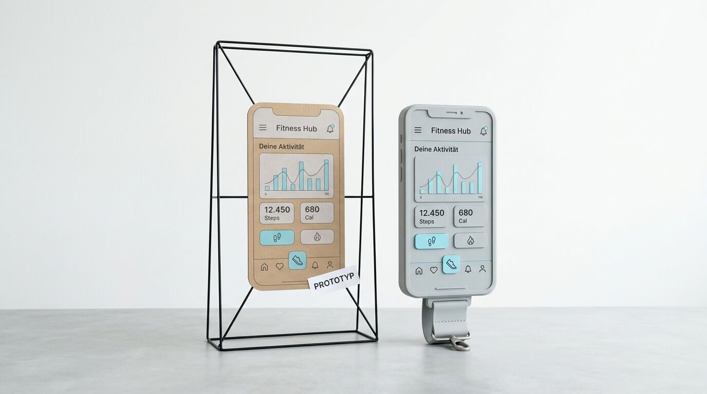 Papier- und Elektronik-Prototyp einer Fitness-App auf weißem Grund