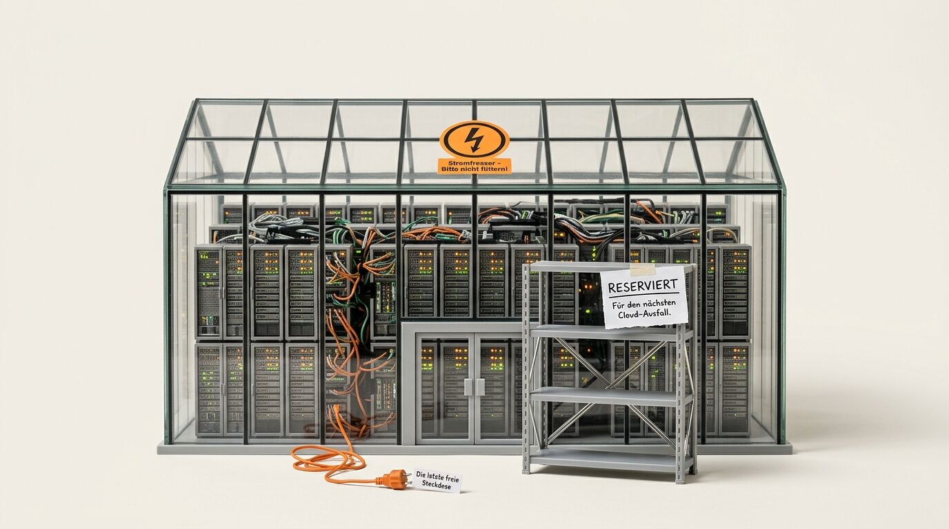 Miniatur-Serverraum in einem Gewächshaus mit Warnschild und freier Steckdose auf hellem Grund