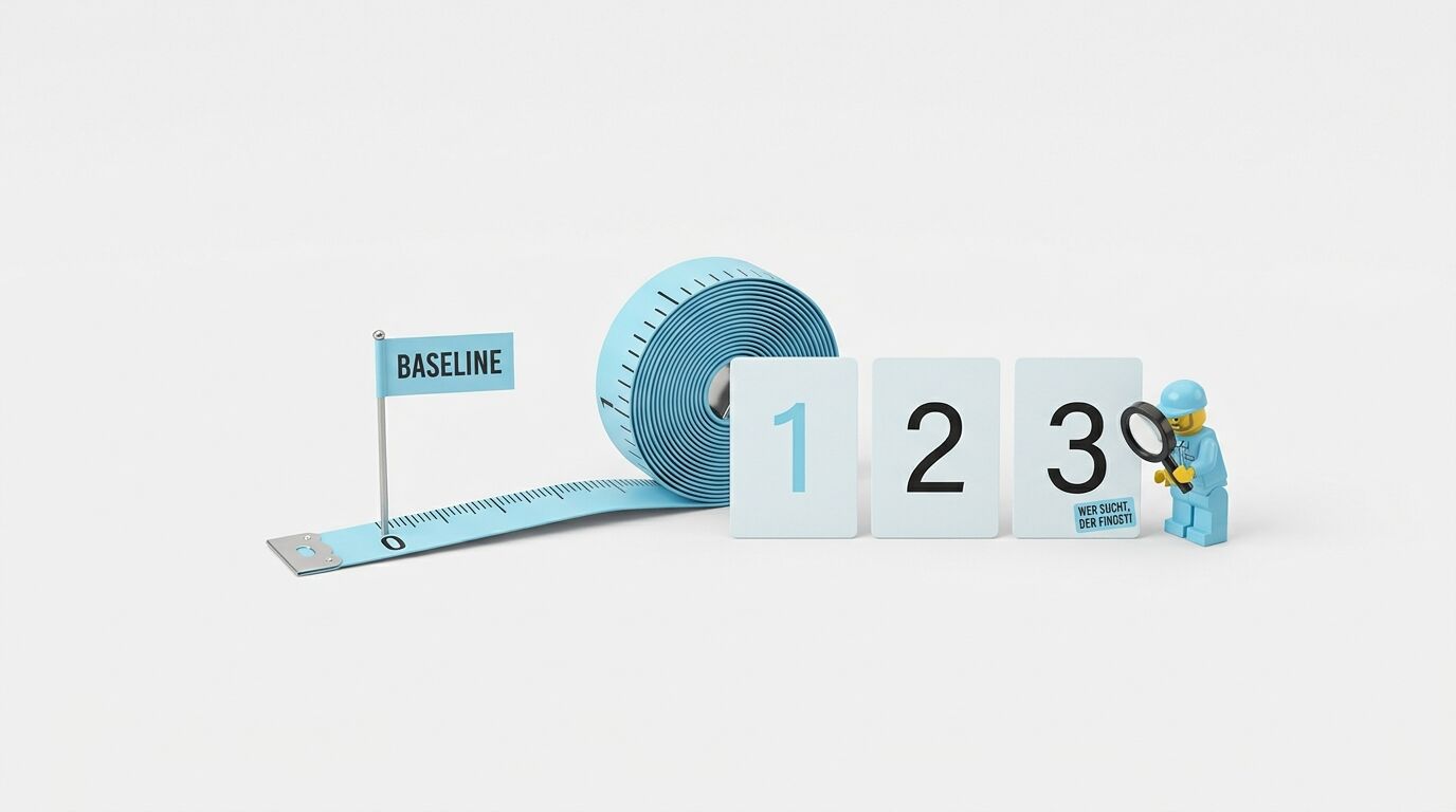 Szenario mit Maßband, „BASELINE“-Fahne, Zahlenkarten 1 bis 3 und einer Lego-Figur mit Lupe
